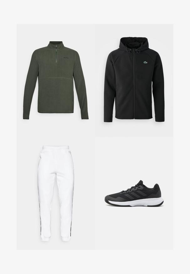 Svart hettejakke laget av myk, elastisk stoff. Har frontglidning, sidelommer og en liten grønn Lacoste-logo på brystet.; Grønn fleecepullover med halv glidelås, med høy krage og en kontrasterende logo på brystet. Glatt tekstur, tettsittende design.; Svart bomulls T-skjorte med rund hals, korte ermer, og en liten grønn krokodille-logo på venstre bryst. Glatt tekstur, uformelt design.; Hvite joggebukser med elastisk midje, med svarte sidestriper og mansjetter. Laget av myk stoff med en glatt tekstur.; Svart idrettssko med teksturert overdel, tre horisontale striper, og en hvit såle med mønstret gummibunn. Lettvekts og strømlinjeformet design.