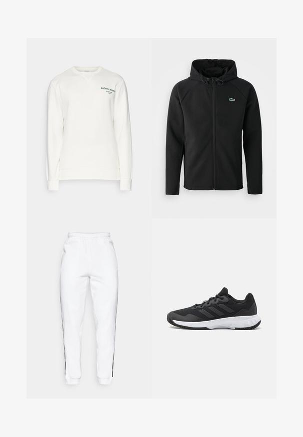 Chaqueta negra con capucha, hecha de una tela suave y elástica. Presenta un zipper frontal, bolsillos laterales y un pequeño logo verde de Lacoste en el pecho.; Björn Borg ESSENTIAL CREW - Sudadera - cloud dancer; Pantalones de chándal blancos con cintura elástica, que cuentan con franjas laterales negras y puños. Hechos de un tejido suave con una textura lisa.; Zapatilla deportiva negra con una parte superior texturizada, tres franjas horizontales y una suela blanca con un dibujo en su superficie. Diseño ligero y aerodinámico.