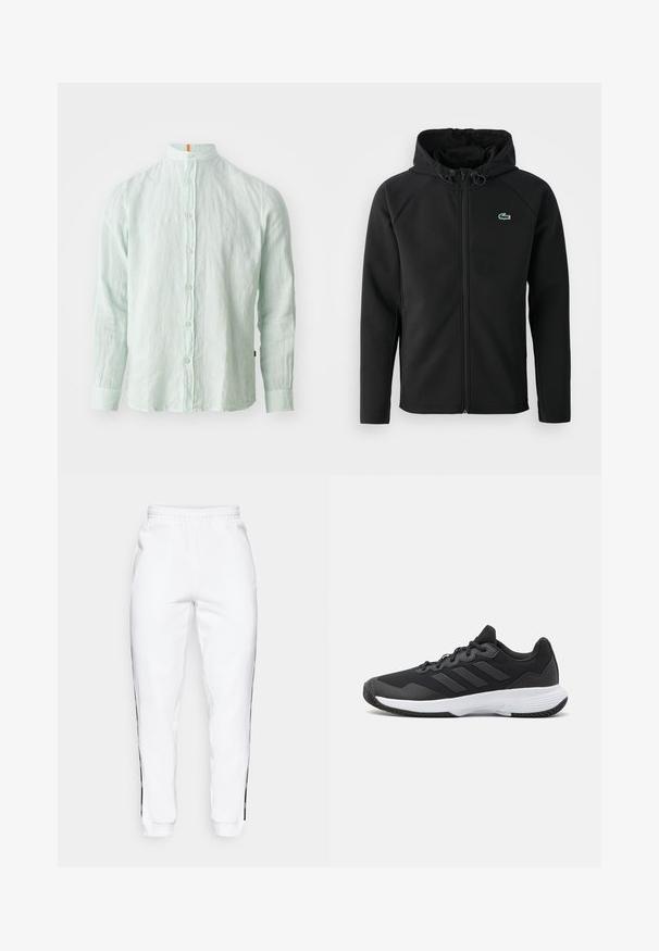 Juodas gobtuvinė striukė, pagaminta iš minkštos, tamprios medžiagos. Su priekiniais užtrauktukais, šoniniais kišenėmis ir mažu žaliu Lacoste logotipu ant krūtinės.; Šviesiai žalias lininis ilgomis rankovėmis marškinis su stovinčiu apykakle, priekyje esančiais mygtukais ir subtilia tekstūra. Apykaklėje yra oranžinė detalė.; Baltos sportinės kelnės su elastinga juosmena, turinčios juodas šonines juosteles ir rankogalius. Pagamintos iš minkštos medžiagos su lygia tekstūra.; Juodas sportinis batelis su tekstūruota viršutine dalimi, trimis horizontaliomis juostelėmis ir baltu padu su raštuotu protektoriumi. Lengvas ir aerodinamiškas dizainas.