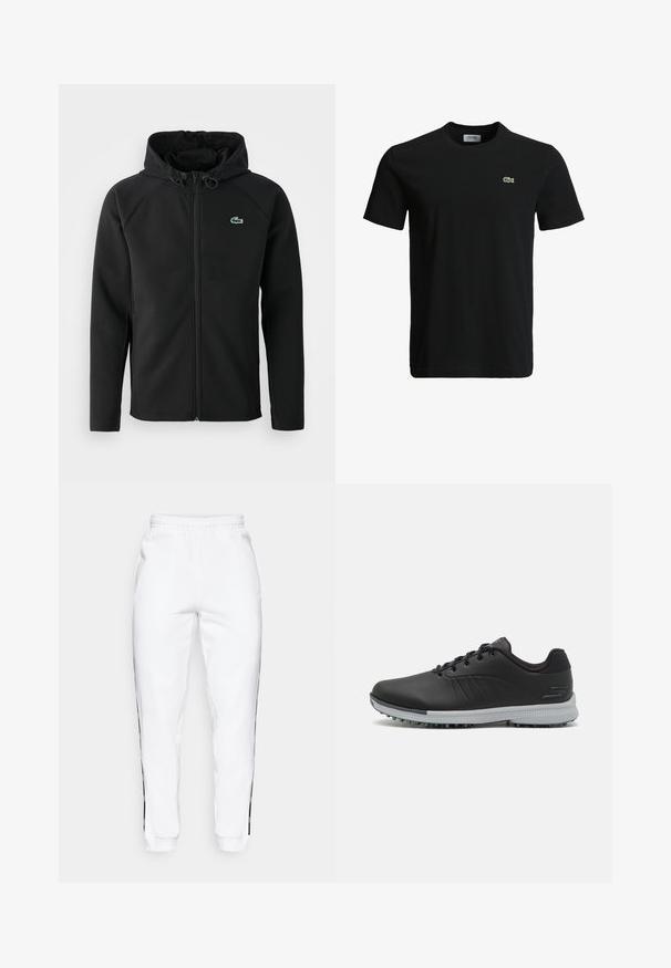 Czarna hoodie, wykonana z miękkiego, elastycznego materiału. Posiada zamek błyskawiczny z przodu, boczne kieszenie oraz małe, zielone logo Lacoste na klatce piersiowej.; Czarny bawełniany t-shirt z okrągłym dekoltem, krótkimi rękawami i małym zielonym logo krokodyla po lewej stronie klatki piersiowej. Gładka tekstura, casualowy design.; Białe spodnie dresowe z elastycznym paskiem, z czarnymi paskami bocznymi i mankietami. Wykonane z miękkiego materiału o gładkiej teksturze.; Czarne syntetyczne buty golfowe z teksturowaną cholewką, sznurowanym designem oraz szarym spodem z kolcami poprawiającymi przyczepność.