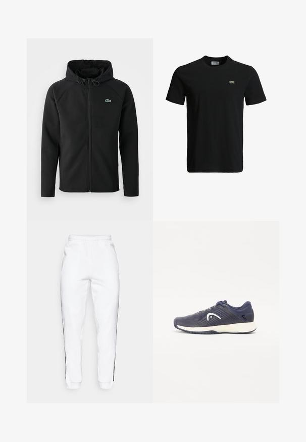 Czarna hoodie, wykonana z miękkiego, elastycznego materiału. Posiada zamek błyskawiczny z przodu, boczne kieszenie oraz małe, zielone logo Lacoste na klatce piersiowej.; Czarny bawełniany t-shirt z okrągłym dekoltem, krótkimi rękawami i małym zielonym logo krokodyla po lewej stronie klatki piersiowej. Gładka tekstura, casualowy design.; Białe spodnie dresowe z elastycznym paskiem, z czarnymi paskami bocznymi i mankietami. Wykonane z miękkiego materiału o gładkiej teksturze.; Granatowe buty sportowe z teksturowanym wzorem i białym logo. Posiadają amortyzowaną podeszwę oraz ciemnoniebieskie akcenty na cholewce i pięcie.