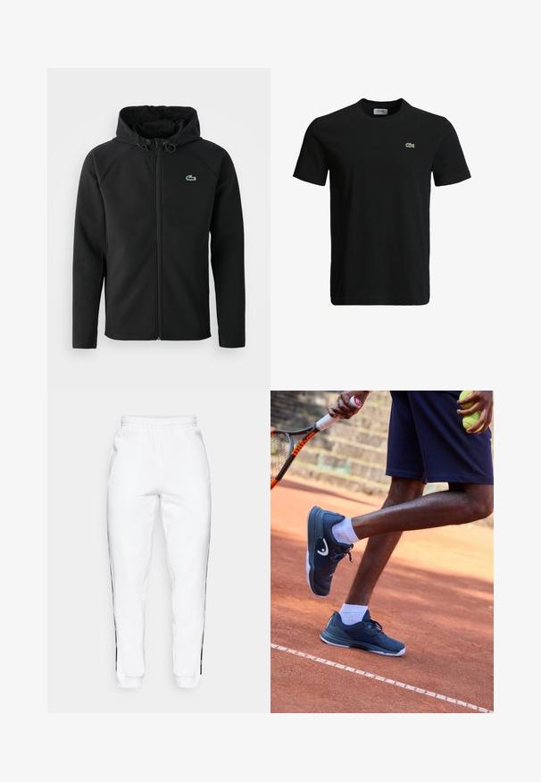 Czarna hoodie, wykonana z miękkiego, elastycznego materiału. Posiada zamek błyskawiczny z przodu, boczne kieszenie oraz małe, zielone logo Lacoste na klatce piersiowej.; Czarny bawełniany t-shirt z okrągłym dekoltem, krótkimi rękawami i małym zielonym logo krokodyla po lewej stronie klatki piersiowej. Gładka tekstura, casualowy design.; Białe spodnie dresowe z elastycznym paskiem, z czarnymi paskami bocznymi i mankietami. Wykonane z miękkiego materiału o gładkiej teksturze.; Granatowe buty tenisowe z białymi akcentami, o fakturowanej powierzchni i wspierającej konstrukcji, połączone z białymi skarpetkami i czarnymi krótkimi spodniami na korcie ziemnym.