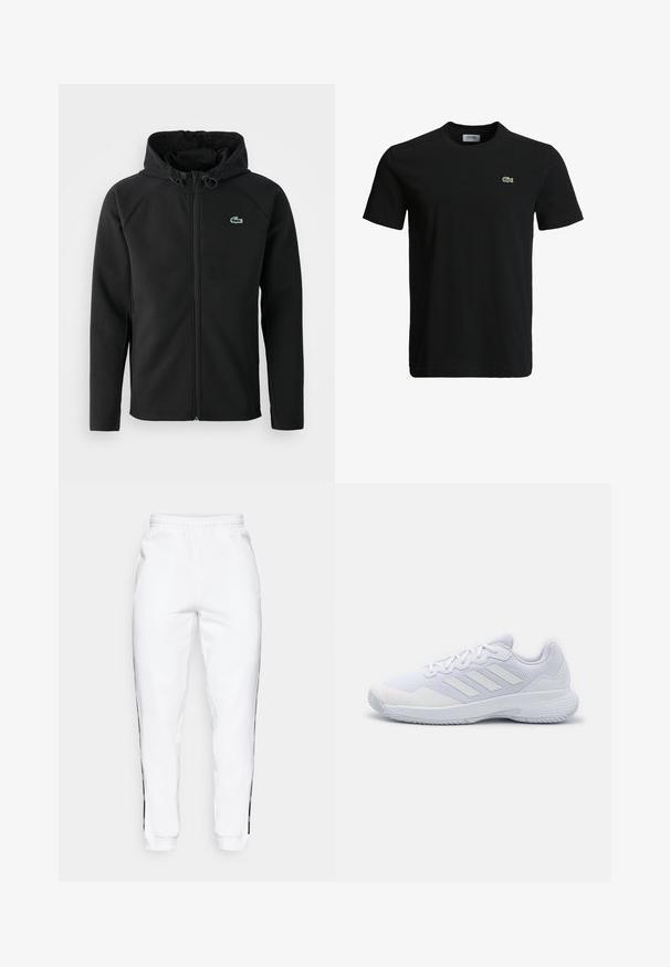 Czarna hoodie, wykonana z miękkiego, elastycznego materiału. Posiada zamek błyskawiczny z przodu, boczne kieszenie oraz małe, zielone logo Lacoste na klatce piersiowej.; Czarny bawełniany t-shirt z okrągłym dekoltem, krótkimi rękawami i małym zielonym logo krokodyla po lewej stronie klatki piersiowej. Gładka tekstura, casualowy design.; Białe spodnie dresowe z elastycznym paskiem, z czarnymi paskami bocznymi i mankietami. Wykonane z miękkiego materiału o gładkiej teksturze.; Białe buty sportowe z siateczkowym cholewką, zaprojektowane z trzema paskami, okrągłym noskiem, wyściółką wokół kostki oraz teksturowaną podeszwą zapewniającą przyczepność.