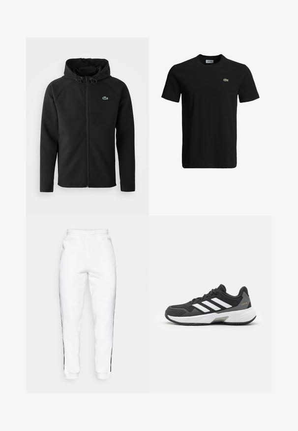 Musta huppari, joka on valmistettu pehmeästä ja joustavasta kankaasta. Siinä on edessä vetoketju, sivutaskut ja pieni vihreä Lacoste-logo rinnassa.; Musta puuvillapaita, jossa on pyöreä kaula-aukko, lyhyet hihat ja pieni vihreä krokotiililogo vasemmassa rinnassa. Sileä kuitu, rento muotoilu.; Valkoiset collegehousut, joissa on joustava vyötärö ja mustat sivuraidat sekä hihansuut. Ne ovat valmistettu pehmeästä kankaasta, jolla on sileä pinta.; Musta urheilujalkapallo, jossa on valkoisia raitoja, teksturoitua verkkoa ja synteettistä materiaalia, kumipohjalla ja harmaalla korostuksella kannassa.