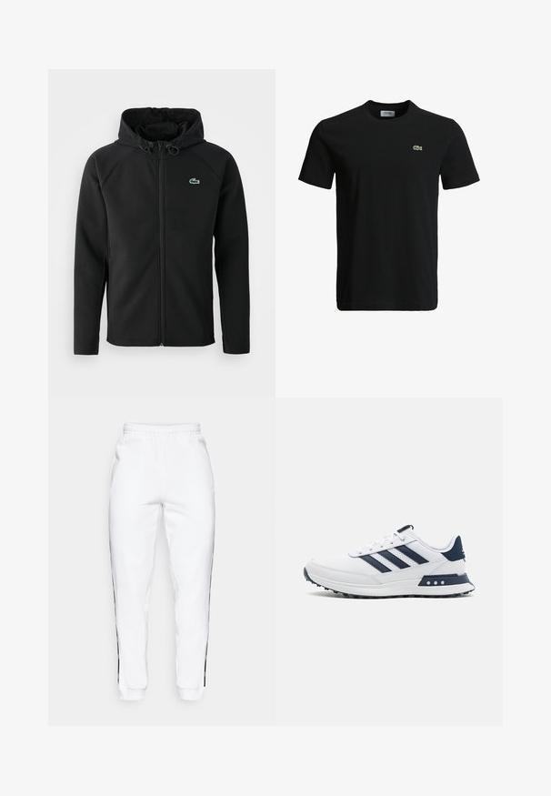 Musta huppari, joka on valmistettu pehmeästä ja joustavasta kankaasta. Siinä on edessä vetoketju, sivutaskut ja pieni vihreä Lacoste-logo rinnassa.; Musta puuvillapaita, jossa on pyöreä kaula-aukko, lyhyet hihat ja pieni vihreä krokotiililogo vasemmassa rinnassa. Sileä kuitu, rento muotoilu.; Valkoiset collegehousut, joissa on joustava vyötärö ja mustat sivuraidat sekä hihansuut. Ne ovat valmistettu pehmeästä kankaasta, jolla on sileä pinta.; Valkoiset urheilukengät, joissa on tummansiniset raidat, teksturoitu pinta, pehmeä pohja ja musta kumipohja. Varusteena nauhakiinnitys ja logo kantapäässä.