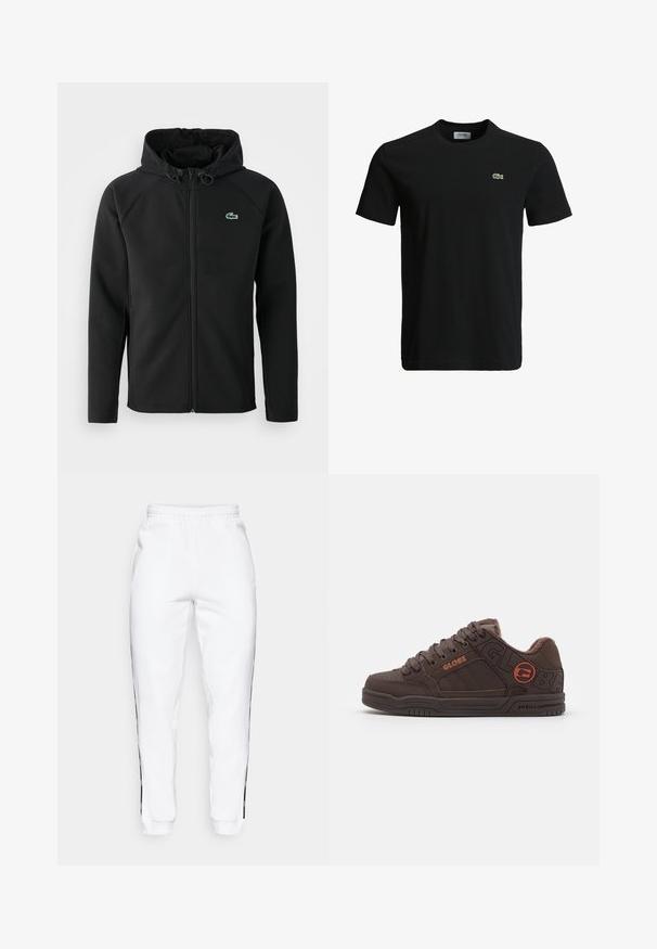 Schwarze Kapuzenjacke aus weichem, dehnbarem Stoff. Verfügt über einen Reißverschluss an der Vorderseite, seitliche Taschen und ein kleines, grünes Lacoste-Logo auf der Brust.; Schwarzes Baumwoll-T-Shirt mit Rundhalsausschnitt, kurzen Ärmeln und einem kleinen grünen Krokodil-Logo auf der linken Brust. Glatte Textur, lässiges Design.; Weiße Jogginghose mit elastischem Bund, versehen mit schwarzen Streifen an den Seiten und Bündchen. Hergestellt aus weichem Stoff mit glatter Textur.; Braune Skate-Schuhe mit gepolstertem Kragen, strukturiertem Leder-Obermaterial und eingeprägtem Logo. Ausgestattet mit dicken Schnürsenkeln und einer Gummisohle mit Rillen.