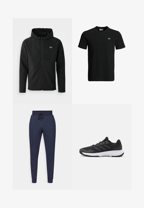 Casaco com capuz preto, feito de tecido macio e elástico. Apresenta um fecho éclair frontal, bolsos laterais e um pequeno logótipo verde da Lacoste no peito.; T-shirt de algodão preto com decote redondo, mangas curtas e um pequeno logotipo de crocodilo verde no lado esquerdo do peito. Textura suave, design casual.; Calças de fato de treino azul-marinho com cintura elástica e cordão, pernas ajustadas e punhos canelados. Feitas de um tecido macio, com bolsos laterais e uma marcação mínima.; Sapatilha atlética preta com um upper texturizado, três riscas horizontais e uma sola branca com um padrão de piso. Design leve e aerodinâmico.