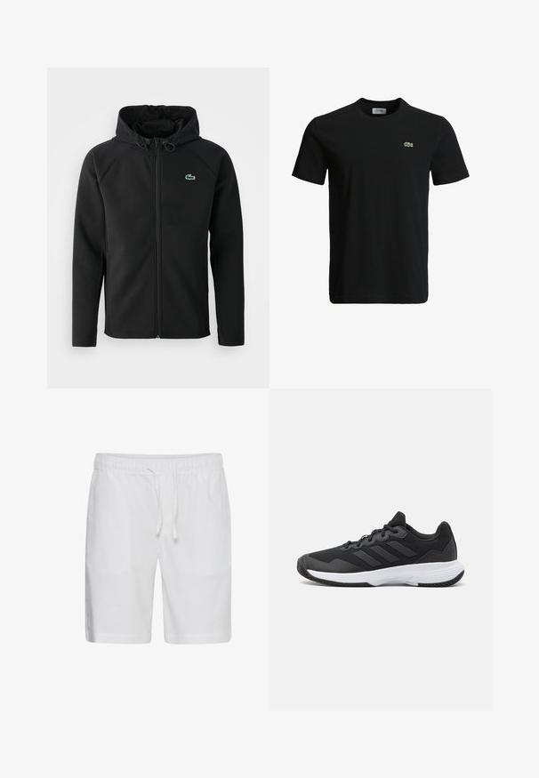 Schwarze Kapuzenjacke aus weichem, dehnbarem Stoff. Verfügt über einen Reißverschluss an der Vorderseite, seitliche Taschen und ein kleines, grünes Lacoste-Logo auf der Brust.; Schwarzes Baumwoll-T-Shirt mit Rundhalsausschnitt, kurzen Ärmeln und einem kleinen grünen Krokodil-Logo auf der linken Brust. Glatte Textur, lässiges Design.; Casual Friday CFPHELIX LINEN MIX - Shorts - bright white; Schwarzer Sportschuh mit strukturiertem Obermaterial, drei horizontalen Streifen und einer weißen Sohle mit einem gemusterten Profil. Leicht und schlank im Design.