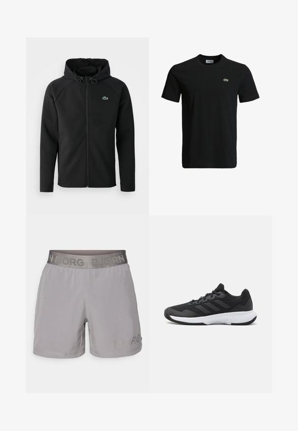 Casaco com capuz preto, feito de tecido macio e elástico. Apresenta um fecho éclair frontal, bolsos laterais e um pequeno logótipo verde da Lacoste no peito.; T-shirt de algodão preto com decote redondo, mangas curtas e um pequeno logotipo de crocodilo verde no lado esquerdo do peito. Textura suave, design casual.; Calções de desporto cinzas com uma textura suave, cintura elástica com a marca "BORG" e um corte relaxado. Design simples, sem padrões.; Sapatilha atlética preta com um upper texturizado, três riscas horizontais e uma sola branca com um padrão de piso. Design leve e aerodinâmico.