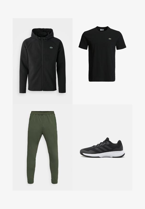 Juodas gobtuvinė striukė, pagaminta iš minkštos, tamprios medžiagos. Su priekiniais užtrauktukais, šoniniais kišenėmis ir mažu žaliu Lacoste logotipu ant krūtinės.; Juodas medvilninis marškinėliai su apvaliu kaklu, trumpomis rankovėmis ir mažu žaliu krokodilo logotipu kairėje krūtinės pusėje. Lygi tekstūra, kasdieniškas dizainas.; Žalios poliesterio sportinės kelnės su elastinga juosmena, siaurėjantys klešnės ir šoninės kišenės, su siūlėmis ir sklandžia tekstūra.; Juodas sportinis batelis su tekstūruota viršutine dalimi, trimis horizontaliomis juostelėmis ir baltu padu su raštuotu protektoriumi. Lengvas ir aerodinamiškas dizainas.