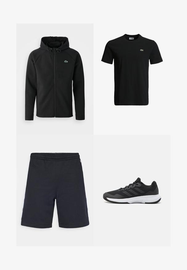 Chaqueta negra con capucha, hecha de una tela suave y elástica. Presenta un zipper frontal, bolsillos laterales y un pequeño logo verde de Lacoste en el pecho.; Camiseta de algodón negra con cuello redondo, mangas cortas y un pequeño logo de cocodrilo verde en el lado izquierdo del pecho. Textura suave, diseño casual.; Bermudas de algodón negras con cintura elástica, corte recto y dobladillos doblados. Presentan detalles laterales en blanco con texto de la marca.; Zapatilla deportiva negra con una parte superior texturizada, tres franjas horizontales y una suela blanca con un dibujo en su superficie. Diseño ligero y aerodinámico.