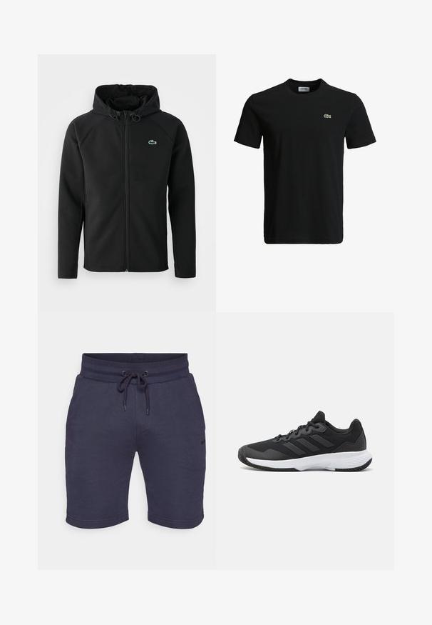 Svart hettejakke laget av myk, elastisk stoff. Har frontglidning, sidelommer og en liten grønn Lacoste-logo på brystet.; Svart bomulls T-skjorte med rund hals, korte ermer, og en liten grønn krokodille-logo på venstre bryst. Glatt tekstur, uformelt design.; Marineblå shorts laget av myk tekstil, med elastisk midjebånd og snor, sidelommer og en subtil logo detalj på benet.; Svart idrettssko med teksturert overdel, tre horisontale striper, og en hvit såle med mønstret gummibunn. Lettvekts og strømlinjeformet design.
