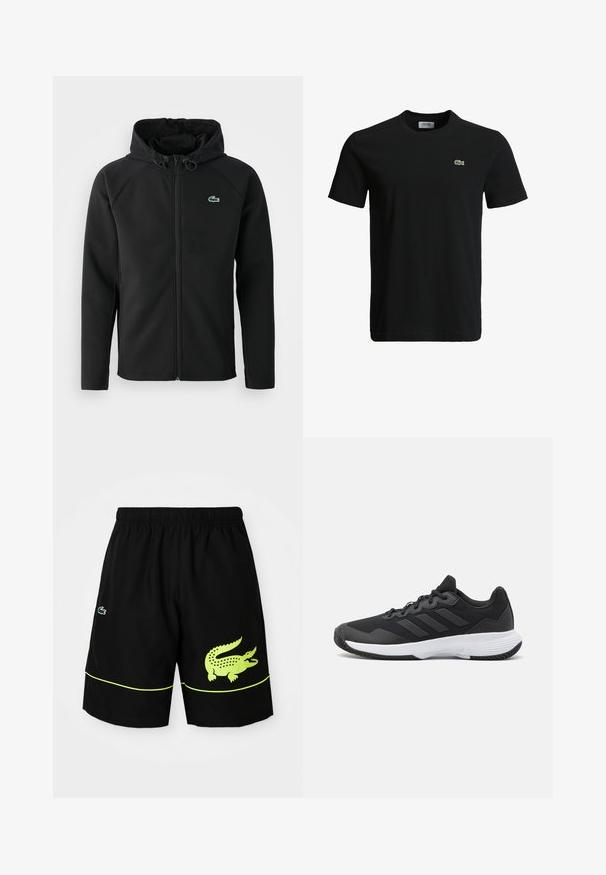 Svart hettejakke laget av myk, elastisk stoff. Har frontglidning, sidelommer og en liten grønn Lacoste-logo på brystet.; Svart bomulls T-skjorte med rund hals, korte ermer, og en liten grønn krokodille-logo på venstre bryst. Glatt tekstur, uformelt design.; Sorte idrettsshorts med elastisk midje, neon gul krokodillelogo på høyre bein, mindre logo på venstre bein, og neon gul pipingdetalj.; Svart idrettssko med teksturert overdel, tre horisontale striper, og en hvit såle med mønstret gummibunn. Lettvekts og strømlinjeformet design.