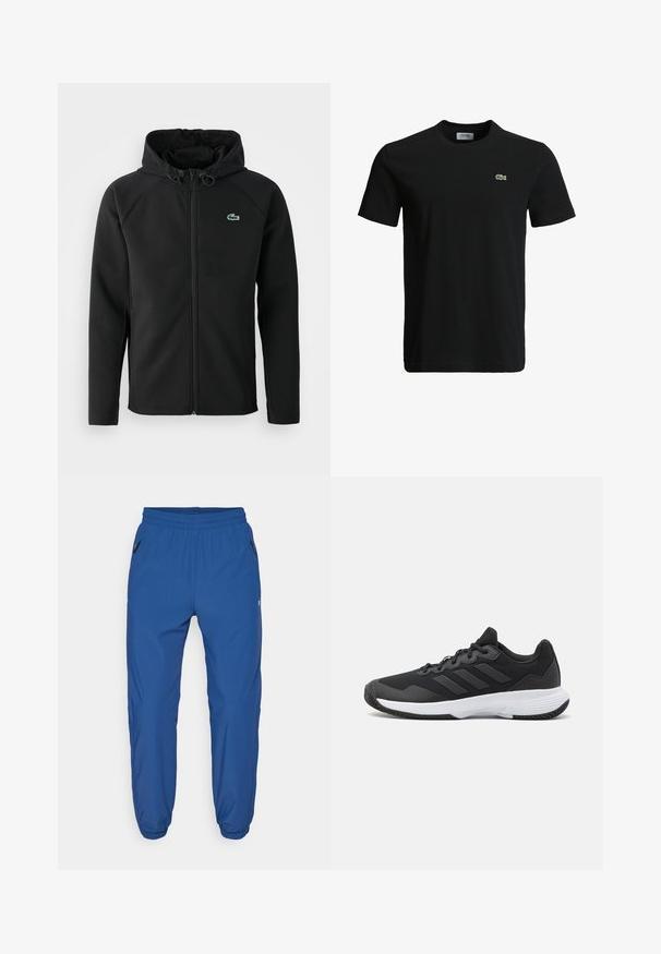 Μαύρο φούτερ με κουκούλα, κατασκευασμένο από μαλακό, ελαστικό ύφασμα. Διαθέτει μπροστινό φερμουάρ, πλαϊνές τσέπες και ένα μικρό πράσινο λογότυπο Lacoste στο στήθος.; Μαύρη βαμβακερή μπλούζα με στρογγυλή λαιμόκοψη, κοντά μανίκια και μικρό πράσινο λογότυπο κροκοδείλου στο αριστερό στήθος. Λείος υφασμάτινος χαρακτήρας, χαλαρός σχεδιασμός.; Μπλε αθλητικά παντελόνια από λείου υφάσματος, με ελαστική μέση, πλαϊνές τσέπες με φερμουάρ και στενές γάμπες με ελαστικές μανσέτες.; Μαύρο αθλητικό παπούτσι με υφασμάτινη επιφάνεια, τρεις οριζόντιες ρίγες και λευκή σόλα με μοτίβο. Ελαφρύ και μοντέρνο σχέδιο.