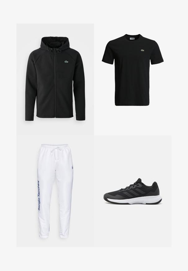 Melnas kapuces jaka, izgatavota no mīksta, stiepjama auduma. Tai ir priekšējais rāvējslēdzis, sānu kabatas un neliels zaļš Lacoste logo krūtīs.; Melna kokvilnas T-krekls ar apaļu kakla izgriezumu, īsām piedurknēm un mazu zaļu krokodila logotipu kreisajā krūtī. Gluda tekstūra, ikdienišķs dizains.; Baltas sporta bikses ar elastīgu jostu un auklu. Malā ir zils logo un zīmola nosaukums "Sergio Tacchini", ar pieguļošām aprocēm.; Melna sporta apavi ar teksturētu virsu, trim horizontālām svītrām un baltu zoli ar rakstainu protektoru. Viegls un plūstošs dizains.