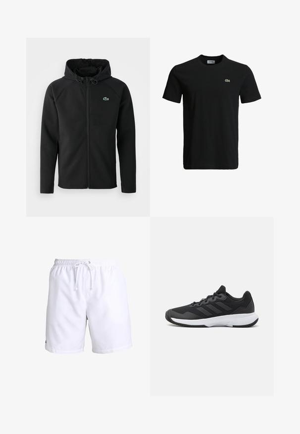 Must mustaga jope, mis on valmistatud pehmest ja venivast kangast. Omab eesmist tõmblukku, küljetaskut ning väikest roheline Lacoste logo rinnal.; Must musta T-särk ümarate kaelustega, lühikeste varrukatega ja väikese rohelise krokodilli logoga vasakul rinnal. Sile tekstuur, igapäevane disain.; Valged ujumispüksid elastse vöökoha ja nööriga. Valmistatud kergest materjalist sileda tekstuuriga. Ilma mustriteta või aksessuaarideta.; Must värvi sportlik king, millel on tekstuuriga pealispind, kolm horisontaalset triipu ja valge põhi mustriga tallaga. Kerge ja voolujooneline disain.