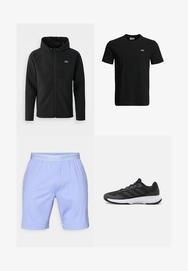 Casaco com capuz preto, feito de tecido macio e elástico. Apresenta um fecho éclair frontal, bolsos laterais e um pequeno logótipo verde da Lacoste no peito.; T-shirt de algodão preto com decote redondo, mangas curtas e um pequeno logotipo de crocodilo verde no lado esquerdo do peito. Textura suave, design casual.; Calças curtas atléticas de cor azul clara com uma faixa elástica na cintura, apresentando um padrão em grelha. Feitas de um tecido liso e elástico para conforto e mobilidade.; Sapatilha atlética preta com um upper texturizado, três riscas horizontais e uma sola branca com um padrão de piso. Design leve e aerodinâmico.