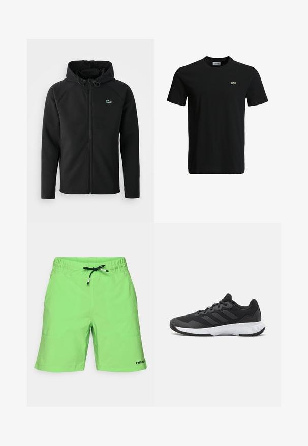 Casaco com capuz preto, feito de tecido macio e elástico. Apresenta um fecho éclair frontal, bolsos laterais e um pequeno logótipo verde da Lacoste no peito.; T-shirt de algodão preto com decote redondo, mangas curtas e um pequeno logotipo de crocodilo verde no lado esquerdo do peito. Textura suave, design casual.; Calções verde-claro com cintura elástica, cordão preto ajustável e detalhe de logótipo. Textura suave com bolsos laterais.; Sapatilha atlética preta com um upper texturizado, três riscas horizontais e uma sola branca com um padrão de piso. Design leve e aerodinâmico.