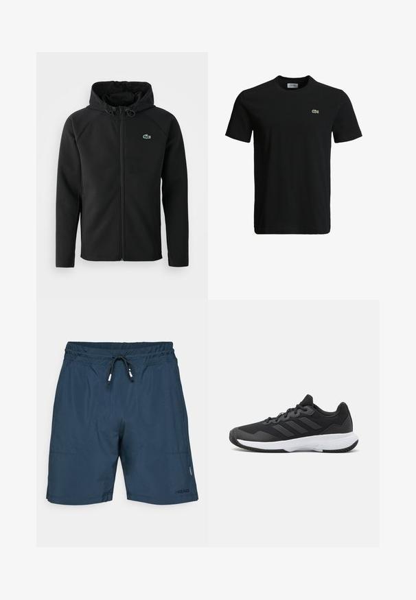 Chaqueta negra con capucha, hecha de una tela suave y elástica. Presenta un zipper frontal, bolsillos laterales y un pequeño logo verde de Lacoste en el pecho.; Camiseta de algodón negra con cuello redondo, mangas cortas y un pequeño logo de cocodrilo verde en el lado izquierdo del pecho. Textura suave, diseño casual.; Bañadores azul marino hechos de tejido ligero con cintura elástica, cierre con cordón y bolsillos laterales. Logo de la marca visible.; Zapatilla deportiva negra con una parte superior texturizada, tres franjas horizontales y una suela blanca con un dibujo en su superficie. Diseño ligero y aerodinámico.