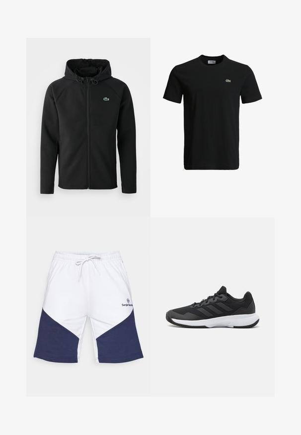Svart hettejakke laget av myk, elastisk stoff. Har frontglidning, sidelommer og en liten grønn Lacoste-logo på brystet.; Svart bomulls T-skjorte med rund hals, korte ermer, og en liten grønn krokodille-logo på venstre bryst. Glatt tekstur, uformelt design.; Hvite shorts med marineblå chevron-design, elastisk midjebånd med snor, og logo på venstre side. Laget av bomull med glatt tekstur.; Svart idrettssko med teksturert overdel, tre horisontale striper, og en hvit såle med mønstret gummibunn. Lettvekts og strømlinjeformet design.