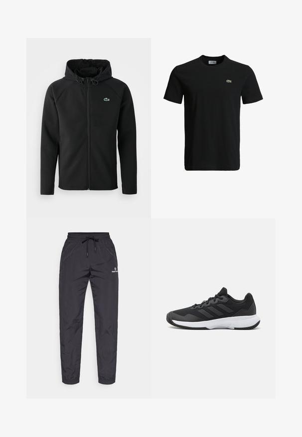 Čierna kapucňová bunda vyrobená z mäkkého a elastického materiálu. Má predný zips, bočné vrecká a malé zelené logo Lacoste na hrudi.; Čierne bavlnené tričko s okrúhlym výstrihom, krátkymi rukávmi a malým zeleným logo krokodíla na ľavej hrudi. Hladká textúra, ležérny dizajn.; Čierne, ľahké, vodeodolné bežecké nohavice s elastickým pásom a nastaviteľnou šnúrkou. Majú zúžené nohavice a detail s logom.; Čierna atletická topánka s textúrovaným zvrškom, s tromi horizontálnymi pruhmi a bielou podrážkou s vzorovaným profilom. Ľahký a aerodynamický dizajn.