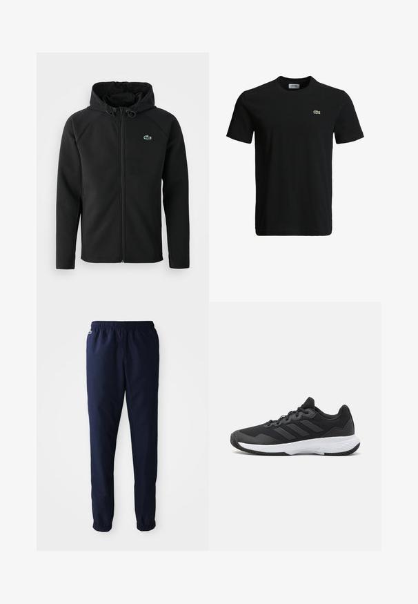 Casaco com capuz preto, feito de tecido macio e elástico. Apresenta um fecho éclair frontal, bolsos laterais e um pequeno logótipo verde da Lacoste no peito.; T-shirt de algodão preto com decote redondo, mangas curtas e um pequeno logotipo de crocodilo verde no lado esquerdo do peito. Textura suave, design casual.; Calças de treino de cintura elástica azul-marinho com punhos franzidos e um pequeno logótipo bordado perto do bolso esquerdo.; Sapatilha atlética preta com um upper texturizado, três riscas horizontais e uma sola branca com um padrão de piso. Design leve e aerodinâmico.