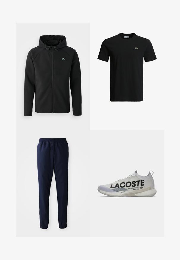 Black hooded jacket, made of soft, stretchy fabric. Features a front zipper, side pockets, and a small, green Lacoste logo on the chest.; Black cotton t-shirt with a crew neck, short sleeves, and a small green crocodile logo on the left chest. Smooth texture, casual design.; Navy blue elastic waist track pants with gathered cuffs and a small embroidered logo near the left pocket.; Lacoste sneaker features a lightweight, white mesh upper with black branding, curved sole, and LSRFOAM cushioning. Accents in light grey.