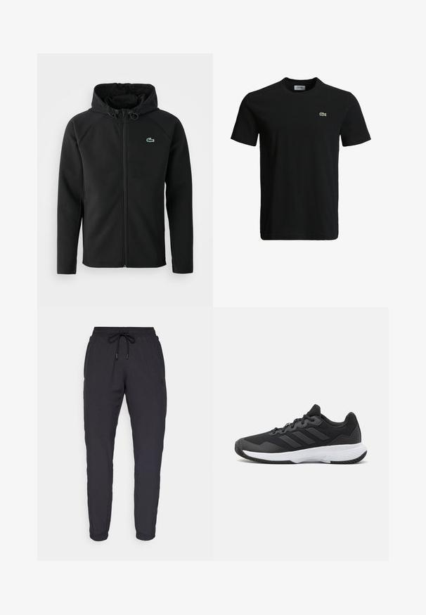 Melnas kapuces jaka, izgatavota no mīksta, stiepjama auduma. Tai ir priekšējais rāvējslēdzis, sānu kabatas un neliels zaļš Lacoste logo krūtīs.; Melna kokvilnas T-krekls ar apaļu kakla izgriezumu, īsām piedurknēm un mazu zaļu krokodila logotipu kreisajā krūtī. Gluda tekstūra, ikdienišķs dizains.; Melna sporta bikses ar elastīgu jostasvietu, auklas aizdari un pieguļošām piedurknēm. Izgatavotas no mīksta auduma ar minimālistisku dizainu.; Melna sporta apavi ar teksturētu virsu, trim horizontālām svītrām un baltu zoli ar rakstainu protektoru. Viegls un plūstošs dizains.