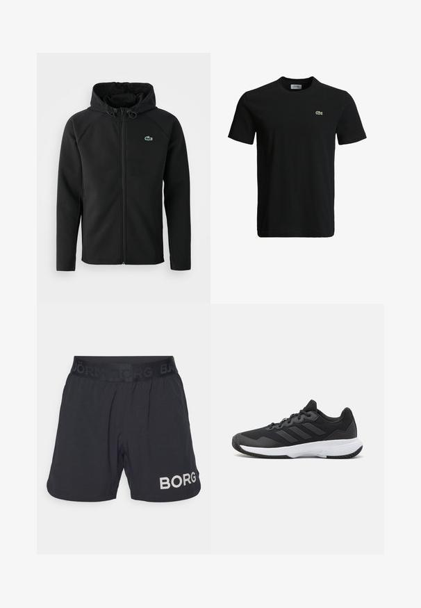 Casaco com capuz preto, feito de tecido macio e elástico. Apresenta um fecho éclair frontal, bolsos laterais e um pequeno logótipo verde da Lacoste no peito.; T-shirt de algodão preto com decote redondo, mangas curtas e um pequeno logotipo de crocodilo verde no lado esquerdo do peito. Textura suave, design casual.; Calções atléticos pretos com uma cintura elástica texturizada, com o nome da marca impresso em mate, e um logótipo metálico em destaque de um lado.; Sapatilha atlética preta com um upper texturizado, três riscas horizontais e uma sola branca com um padrão de piso. Design leve e aerodinâmico.