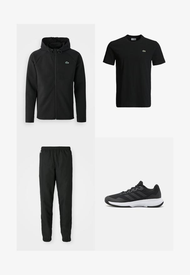 Jachetă neagră cu glugă, fabricată dintr-un material moale și elastic. Are un fermoar frontal, buzunare laterale și un mic logo verde Lacoste pe piept.; Tricou din bumbac negru cu guler rotund, mâneci scurte și un mic logo verde de crocodil pe partea stângă a pieptului. Textură netedă, design casual.; Pantaloni negri ușori, cu un tiv elastic și manșete. Confectionați dintr-un material neted, cu un accent de logo pe șoldul stâng.; Pantofii sport negri au un material superior texturat, trei dungi orizontale și o talpă albă cu un profil căptușit. Au un design ușor și aerodinamic.