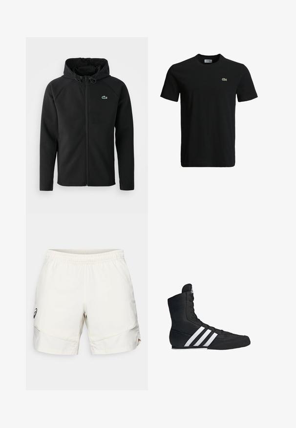 Schwarze Kapuzenjacke aus weichem, dehnbarem Stoff. Verfügt über einen Reißverschluss an der Vorderseite, seitliche Taschen und ein kleines, grünes Lacoste-Logo auf der Brust.; Schwarzes Baumwoll-T-Shirt mit Rundhalsausschnitt, kurzen Ärmeln und einem kleinen grünen Krokodil-Logo auf der linken Brust. Glatte Textur, lässiges Design.; Helle beige Sportshorts mit elastischem Bund, Seitentaschen und einem dezenten schwarzen Logo auf der linken Seite. Glatte Stoffoberfläche.; Schwarzer High-Top-Sportschuh mit einem strukturierten Stoffobermaterial, das drei weiße Streifen und ein geschnürtes Vorderdesign aufweist. Flache Gummisohle am Boden.