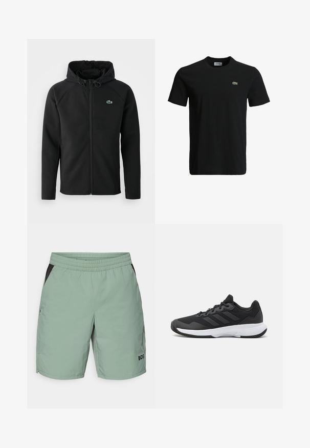 Svart hettejakke laget av myk, elastisk stoff. Har frontglidning, sidelommer og en liten grønn Lacoste-logo på brystet.; Svart bomulls T-skjorte med rund hals, korte ermer, og en liten grønn krokodille-logo på venstre bryst. Glatt tekstur, uformelt design.; Lyse grønne shorts med elastisk liv, sorte sideakcenter, flate frontlommer og logo-detalj på nedre venstre ben.; Svart idrettssko med teksturert overdel, tre horisontale striper, og en hvit såle med mønstret gummibunn. Lettvekts og strømlinjeformet design.
