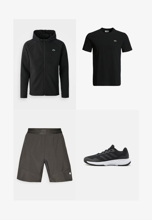 Svart huva jacka, gjord av mjukt, stretchigt tyg. Har en framsida dragkedja, sidofickor och en liten grön Lacoste-logotyp på bröstet.; Svart bomull t-shirt med rundad halsringning, korta ärmar och en liten grön krokodil-logotyp på vänster bröst. Slät textur, avslappnad design.; Svarta sportshorts i texturerat tyg, elastisk midjeband med präglad logotyp och sidofickor. Liten logotyp på nedre delen av höger ben.; Svart idrottssko med en texturerad ovandel, tre horisontella ränder och en vit sula med ett mönstrat grepp. Lätt och strömlinjeformad design.