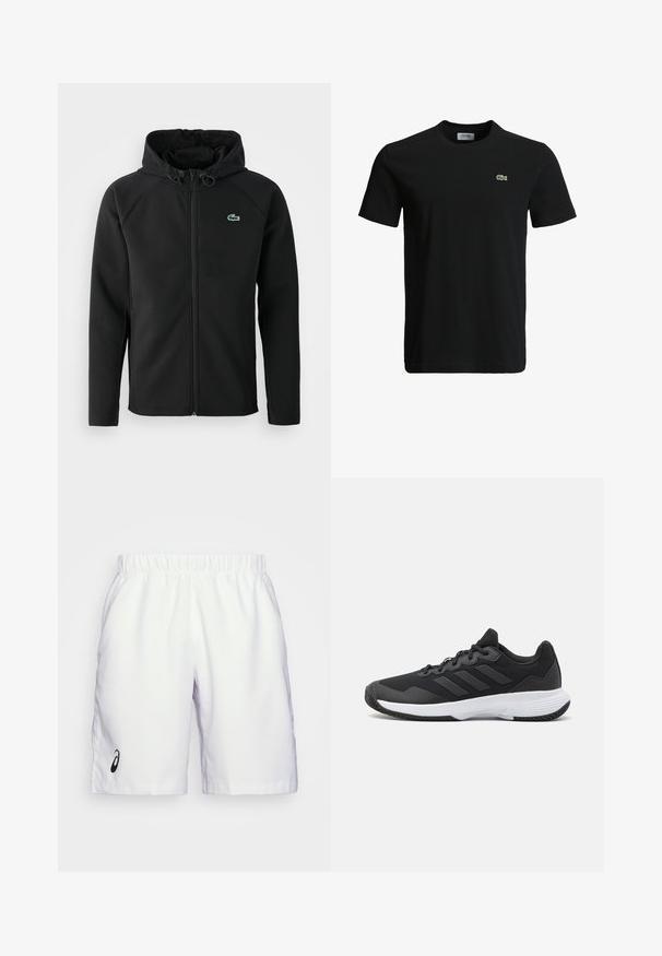 Melnas kapuces jaka, izgatavota no mīksta, stiepjama auduma. Tai ir priekšējais rāvējslēdzis, sānu kabatas un neliels zaļš Lacoste logo krūtīs.; Melna kokvilnas T-krekls ar apaļu kakla izgriezumu, īsām piedurknēm un mazu zaļu krokodila logotipu kreisajā krūtī. Gluda tekstūra, ikdienišķs dizains.; Baltas sporta šorts ar elastīgu jostasvietu un nelielu melnu logotipu kreisajā pusē. Gluda, viegla auduma ar taisno piegriezumu.; Melna sporta apavi ar teksturētu virsu, trim horizontālām svītrām un baltu zoli ar rakstainu protektoru. Viegls un plūstošs dizains.