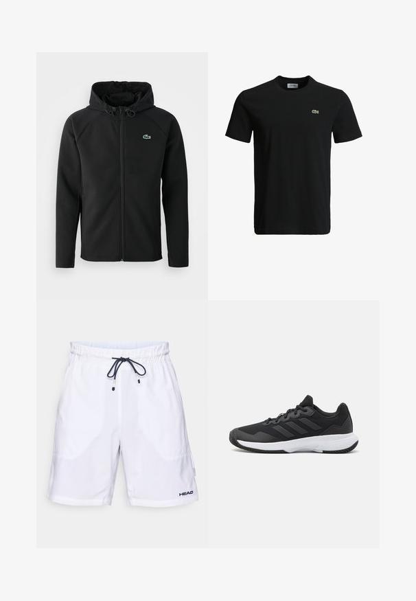 Must mustaga jope, mis on valmistatud pehmest ja venivast kangast. Omab eesmist tõmblukku, küljetaskut ning väikest roheline Lacoste logo rinnal.; Must musta T-särk ümarate kaelustega, lühikeste varrukatega ja väikese rohelise krokodilli logoga vasakul rinnal. Sile tekstuur, igapäevane disain.; Valged ujumispüksid, millel on nööriga vöökoht ja tumesinised aktsendid, külgedel on taskud ja vasakpoolsel allservas logo. Kerge kangas.; Must värvi sportlik king, millel on tekstuuriga pealispind, kolm horisontaalset triipu ja valge põhi mustriga tallaga. Kerge ja voolujooneline disain.