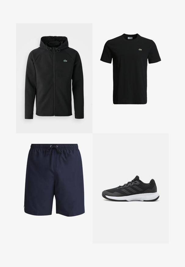 Svart huva jacka, gjord av mjukt, stretchigt tyg. Har en framsida dragkedja, sidofickor och en liten grön Lacoste-logotyp på bröstet.; Svart bomull t-shirt med rundad halsringning, korta ärmar och en liten grön krokodil-logotyp på vänster bröst. Slät textur, avslappnad design.; Marinblå badshorts i lätt material, med resårmidja och dragsko samt en liten logotypdetalj på sidan.; Svart idrottssko med en texturerad ovandel, tre horisontella ränder och en vit sula med ett mönstrat grepp. Lätt och strömlinjeformad design.