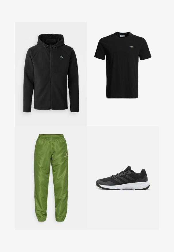 Svart hettejakke laget av myk, elastisk stoff. Har frontglidning, sidelommer og en liten grønn Lacoste-logo på brystet.; Svart bomulls T-skjorte med rund hals, korte ermer, og en liten grønn krokodille-logo på venstre bryst. Glatt tekstur, uformelt design.; Grønne, letvægts, vandafvisende bukser med en elastisk talje og tændte manchetter. Har et lille hvidt logo på venstre ben.; Svart idrettssko med teksturert overdel, tre horisontale striper, og en hvit såle med mønstret gummibunn. Lettvekts og strømlinjeformet design.