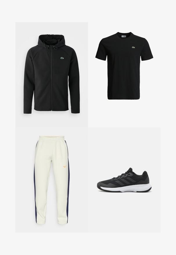 Czarna hoodie, wykonana z miękkiego, elastycznego materiału. Posiada zamek błyskawiczny z przodu, boczne kieszenie oraz małe, zielone logo Lacoste na klatce piersiowej.; Czarny bawełniany t-shirt z okrągłym dekoltem, krótkimi rękawami i małym zielonym logo krokodyla po lewej stronie klatki piersiowej. Gładka tekstura, casualowy design.; Jasnobeżowe spodnie dresowe ze sznurkiem w pasie, granatowe paski po bokach oraz pomarańczowe logo na lewej udzie; wykonane z miękkiego materiału.; Czarne buty sportowe z teksturowaną cholewką, trzema poziomymi paskami i białą podeszwą z wzorzystym bieżnikiem. Lekka i aerodynamiczna konstrukcja.