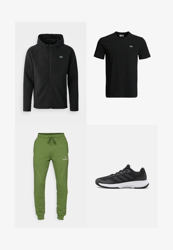 Melnas kapuces jaka, izgatavota no mīksta, stiepjama auduma. Tai ir priekšējais rāvējslēdzis, sānu kabatas un neliels zaļš Lacoste logo krūtīs.; Melna kokvilnas T-krekls ar apaļu kakla izgriezumu, īsām piedurknēm un mazu zaļu krokodila logotipu kreisajā krūtī. Gluda tekstūra, ikdienišķs dizains.; Zaļas sporta bikses, kas izgatavotas no mīksta auduma, ar auklu jostu, ribām pie pēdām un logotipu sānos. Tām ir sašaurināti mati un ceļu sašuvumi.; Melna sporta apavi ar teksturētu virsu, trim horizontālām svītrām un baltu zoli ar rakstainu protektoru. Viegls un plūstošs dizains.