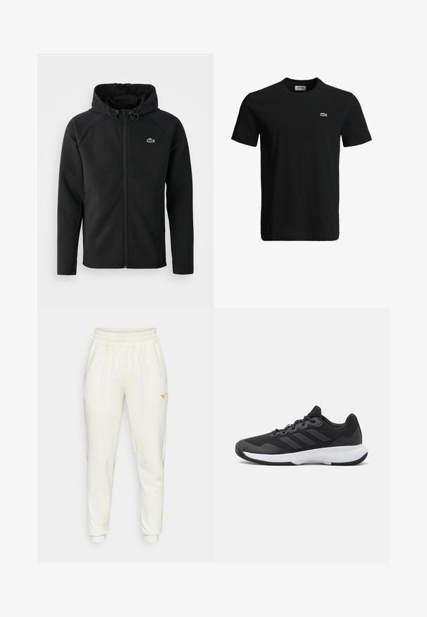 Čierna kapucňová bunda vyrobená z mäkkého a elastického materiálu. Má predný zips, bočné vrecká a malé zelené logo Lacoste na hrudi.; Čierne bavlnené tričko s okrúhlym výstrihom, krátkymi rukávmi a malým zeleným logo krokodíla na ľavej hrudi. Hladká textúra, ležérny dizajn.; Krémové teplákové nohavice vyrobené z jemnej látky, s elastickým pásom, bočnými vreckami a oranžovým logom na boku.; Čierna atletická topánka s textúrovaným zvrškom, s tromi horizontálnymi pruhmi a bielou podrážkou s vzorovaným profilom. Ľahký a aerodynamický dizajn.