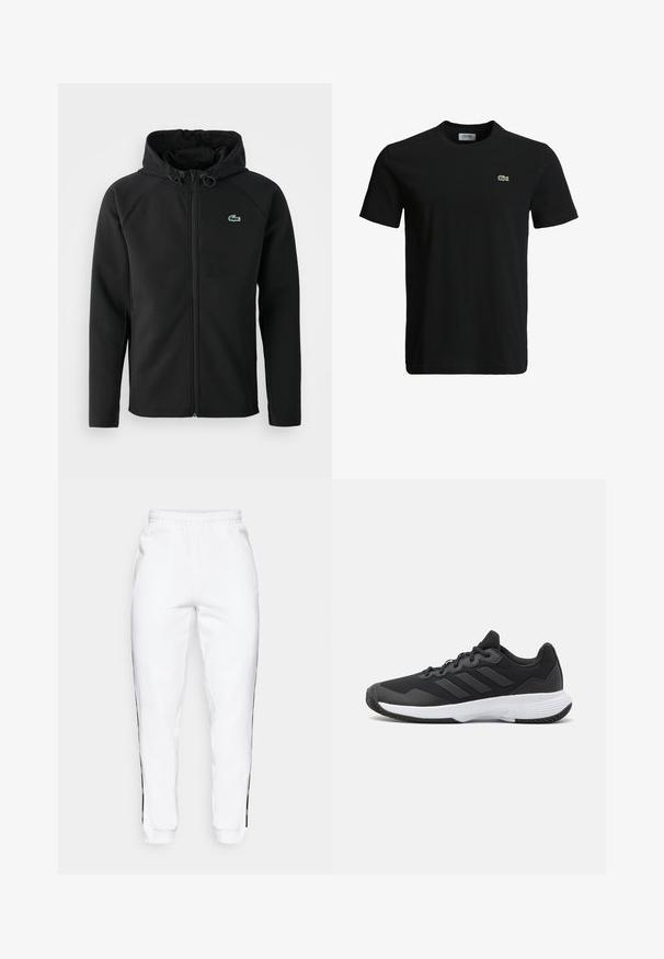 Svart huva jacka, gjord av mjukt, stretchigt tyg. Har en framsida dragkedja, sidofickor och en liten grön Lacoste-logotyp på bröstet.; Svart bomull t-shirt med rundad halsringning, korta ärmar och en liten grön krokodil-logotyp på vänster bröst. Slät textur, avslappnad design.; Vita gymbyxor med elastisk midja, med svarta sidostippar och muddar. Tillverkade av mjukt material med en slät yta.; Svart idrottssko med en texturerad ovandel, tre horisontella ränder och en vit sula med ett mönstrat grepp. Lätt och strömlinjeformad design.