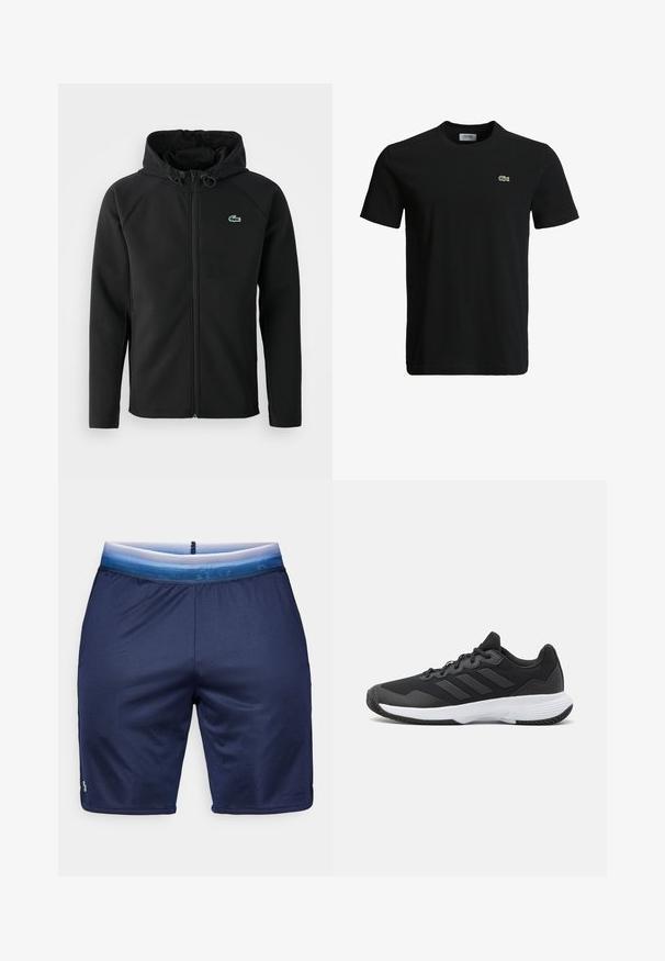 Fekete kapucnis dzseki, puha, rugalmas anyagból készült. Elöl cipzáros, oldalsó zsebekkel rendelkezik, és egy kisebb, zöld Lacoste logó található a mellrészen.; Fekete pamut póló kerek nyakkivágással, rövid ujjakkal és egy kis zöld krokodil logóval a bal mellen. Sima textúra, laza dizájn.; Lacoste Sport SHORTS - Sport rövidnadrágok - navy blue/white; Fekete sportcipő, amely texturált felsőrésszel, három vízszintes csíkkal és mintázott talppal ellátott fehér talppal rendelkezik. Könnyű és áramvonalas dizájn.