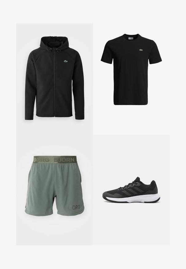 Casaco com capuz preto, feito de tecido macio e elástico. Apresenta um fecho éclair frontal, bolsos laterais e um pequeno logótipo verde da Lacoste no peito.; T-shirt de algodão preto com decote redondo, mangas curtas e um pequeno logotipo de crocodilo verde no lado esquerdo do peito. Textura suave, design casual.; Calções atléticos verdes feitos de um tecido leve, apresentando uma cintura elástica com a marca "BJÖRN" e um bolso lateral para conveniência.; Sapatilha atlética preta com um upper texturizado, três riscas horizontais e uma sola branca com um padrão de piso. Design leve e aerodinâmico.
