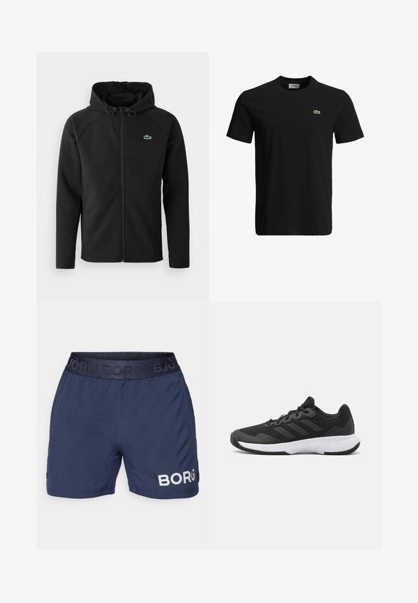 Casaco com capuz preto, feito de tecido macio e elástico. Apresenta um fecho éclair frontal, bolsos laterais e um pequeno logótipo verde da Lacoste no peito.; T-shirt de algodão preto com decote redondo, mangas curtas e um pequeno logotipo de crocodilo verde no lado esquerdo do peito. Textura suave, design casual.; Calções atléticos em azul-marinho, feitos de um tecido suave, com um cós elástico apresentando o logótipo "BJÖRN BORG" e um detalhe em branco perfurado com a palavra "BORG".; Sapatilha atlética preta com um upper texturizado, três riscas horizontais e uma sola branca com um padrão de piso. Design leve e aerodinâmico.