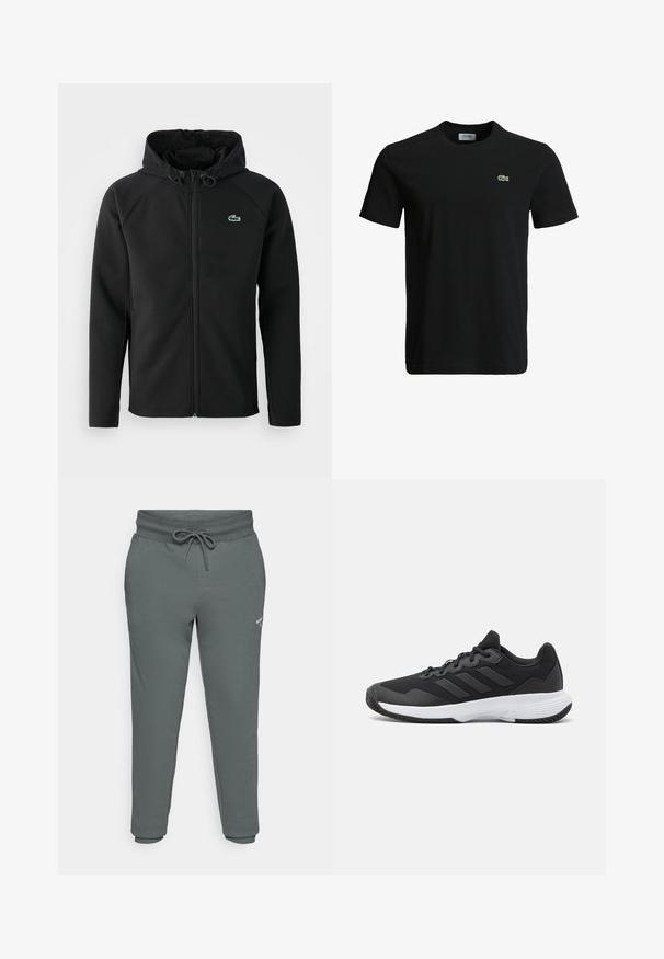 Melnas kapuces jaka, izgatavota no mīksta, stiepjama auduma. Tai ir priekšējais rāvējslēdzis, sānu kabatas un neliels zaļš Lacoste logo krūtīs.; Melna kokvilnas T-krekls ar apaļu kakla izgriezumu, īsām piedurknēm un mazu zaļu krokodila logotipu kreisajā krūtī. Gluda tekstūra, ikdienišķs dizains.; Pelēkas treniņbikses, kas izgatavotas no mīksta auduma, ar elastīgu jostasvietu un aukliņu. Ar šauriem galiem un sānu kabatām. Minimāla zīmola identifikācija.; Melna sporta apavi ar teksturētu virsu, trim horizontālām svītrām un baltu zoli ar rakstainu protektoru. Viegls un plūstošs dizains.