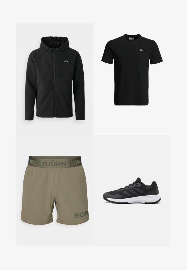 Casaco com capuz preto, feito de tecido macio e elástico. Apresenta um fecho éclair frontal, bolsos laterais e um pequeno logótipo verde da Lacoste no peito.; T-shirt de algodão preto com decote redondo, mangas curtas e um pequeno logotipo de crocodilo verde no lado esquerdo do peito. Textura suave, design casual.; Calças de homem em tecido verde-azeitona com cintura elástica com o logótipo "BJÖRN BOR". Textura suave, corte até à meia coxa, detalhes de bainha cosida.; Sapatilha atlética preta com um upper texturizado, três riscas horizontais e uma sola branca com um padrão de piso. Design leve e aerodinâmico.
