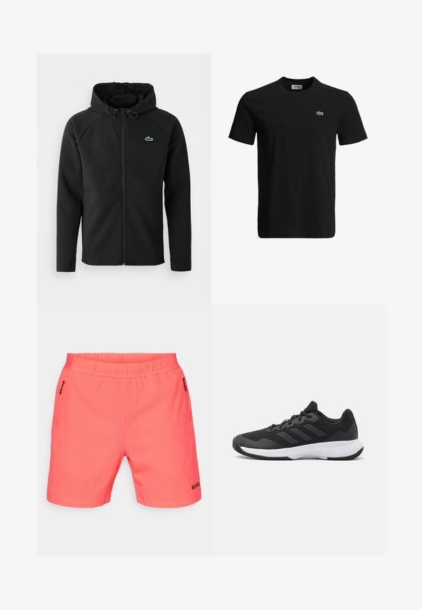 Casaco com capuz preto, feito de tecido macio e elástico. Apresenta um fecho éclair frontal, bolsos laterais e um pequeno logótipo verde da Lacoste no peito.; T-shirt de algodão preto com decote redondo, mangas curtas e um pequeno logotipo de crocodilo verde no lado esquerdo do peito. Textura suave, design casual.; Calções atléticos cor de coral com uma cintura elástica, dois bolsos laterais com fecho, tecido texturizado e o logótipo "BORG" em preto na bainha.; Sapatilha atlética preta com um upper texturizado, três riscas horizontais e uma sola branca com um padrão de piso. Design leve e aerodinâmico.