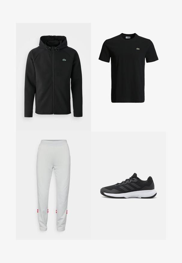 Melnas kapuces jaka, izgatavota no mīksta, stiepjama auduma. Tai ir priekšējais rāvējslēdzis, sānu kabatas un neliels zaļš Lacoste logo krūtīs.; Melna kokvilnas T-krekls ar apaļu kakla izgriezumu, īsām piedurknēm un mazu zaļu krokodila logotipu kreisajā krūtī. Gluda tekstūra, ikdienišķs dizains.; Gaiši pelēki sporta bikses ar mīkstu tekstūru, elastīgu vidukļa joslu un sarkaniem akcentu svītrām tuvāk apakšmalai. Kabatas nav redzamas.; Melna sporta apavi ar teksturētu virsu, trim horizontālām svītrām un baltu zoli ar rakstainu protektoru. Viegls un plūstošs dizains.