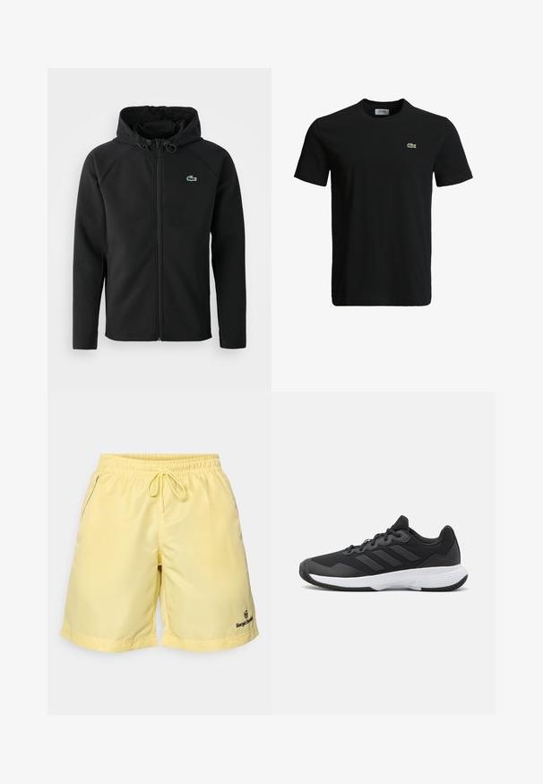 Melnas kapuces jaka, izgatavota no mīksta, stiepjama auduma. Tai ir priekšējais rāvējslēdzis, sānu kabatas un neliels zaļš Lacoste logo krūtīs.; Melna kokvilnas T-krekls ar apaļu kakla izgriezumu, īsām piedurknēm un mazu zaļu krokodila logotipu kreisajā krūtī. Gluda tekstūra, ikdienišķs dizains.; Dzelteni peldbikses, kas izgatavotas no viegla materiāla, ar elastīgu jostu ar šnūri, sānu kabatām un logotipu apakšējā malā.; Melna sporta apavi ar teksturētu virsu, trim horizontālām svītrām un baltu zoli ar rakstainu protektoru. Viegls un plūstošs dizains.