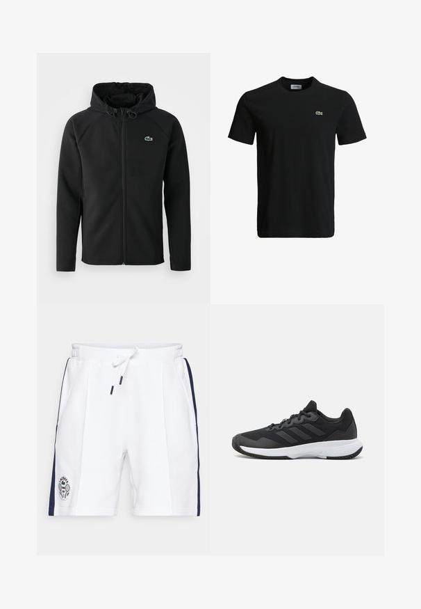 Juodas gobtuvinė striukė, pagaminta iš minkštos, tamprios medžiagos. Su priekiniais užtrauktukais, šoniniais kišenėmis ir mažu žaliu Lacoste logotipu ant krūtinės.; Juodas medvilninis marškinėliai su apvaliu kaklu, trumpomis rankovėmis ir mažu žaliu krokodilo logotipu kairėje krūtinės pusėje. Lygi tekstūra, kasdieniškas dizainas.; Balti šortai su elastinga juosmens juosta ir raišteliu. Su naktiniais šonų juostelėmis ir Lacoste Teniso Klubo logotipu kairiajame šone.; Juodas sportinis batelis su tekstūruota viršutine dalimi, trimis horizontaliomis juostelėmis ir baltu padu su raštuotu protektoriumi. Lengvas ir aerodinamiškas dizainas.